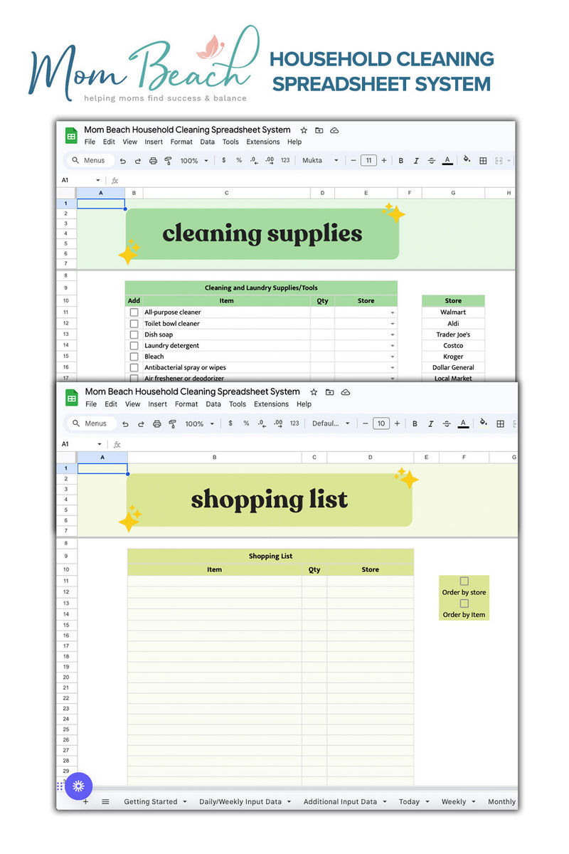 Mom Beach Household Cleaning Spreadsheet System