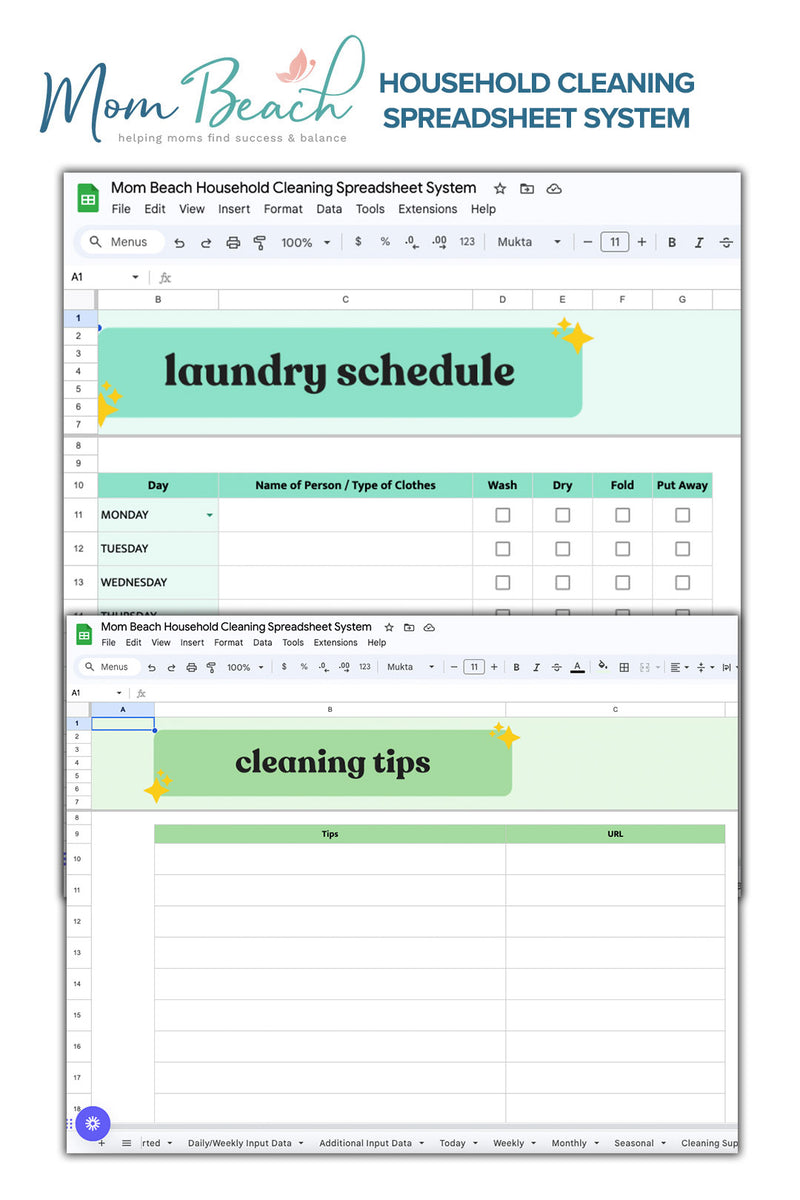 Mom Beach Household Cleaning Spreadsheet System